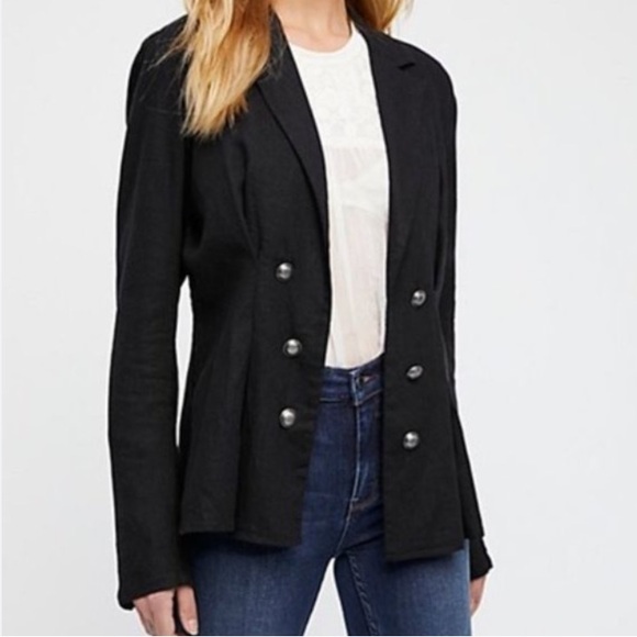 FREE PEOPLE Women Cinched Waist Linen Blend Black Blazer | S - Picture 2 of 13